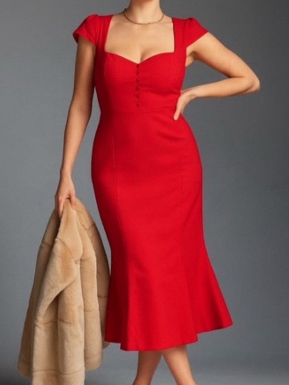 Maeve The Cecily Sweetheart Midi Dress with Cap Sleeves in Red